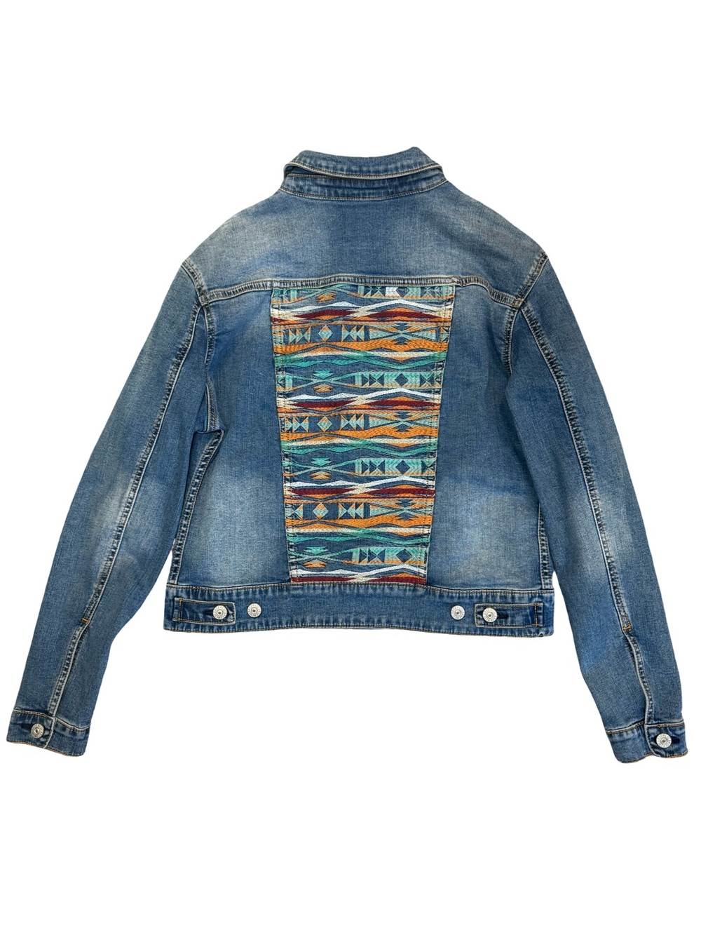 🏜️🌵👖Distressed Blue Denim Jacket Coat w/ Aztec Southwest embroidered design 👖🌵🏜️ - Picture 1 of 6